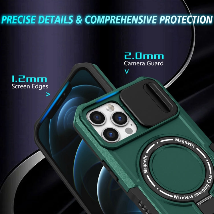 For iPhone 12 Pro Sliding Camshield MagSafe Holder TPU Hybrid PC Phone Case(Deep Green) by buy2fix
