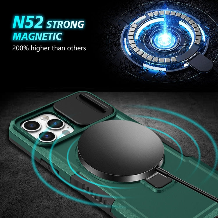 For iPhone 12 Pro Sliding Camshield MagSafe Holder TPU Hybrid PC Phone Case(Deep Green) by buy2fix