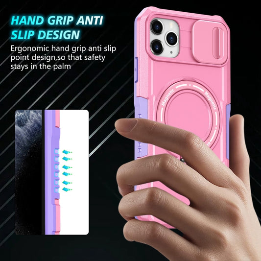 For iPhone 11 Pro Max Sliding Camshield MagSafe Holder TPU Hybrid PC Phone Case(Purple Pink) by buy2fix