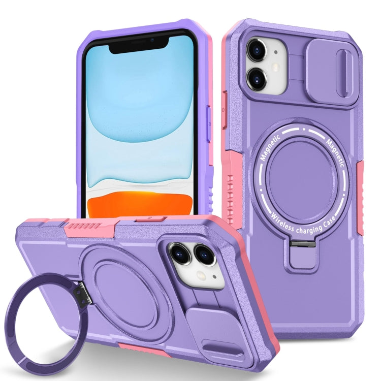 For iPhone 11 Sliding Camshield MagSafe Holder TPU Hybrid PC Phone Case(Pink Purple) by buy2fix