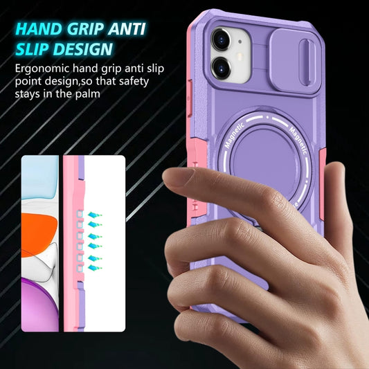 For iPhone 11 Sliding Camshield MagSafe Holder TPU Hybrid PC Phone Case(Pink Purple) by buy2fix