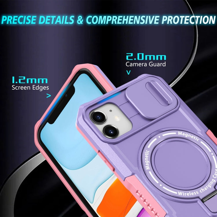 For iPhone 11 Sliding Camshield MagSafe Holder TPU Hybrid PC Phone Case(Pink Purple) by buy2fix