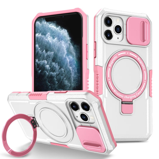 For iPhone 11 Pro Sliding Camshield MagSafe Holder TPU Hybrid PC Phone Case(Pink White) by buy2fix