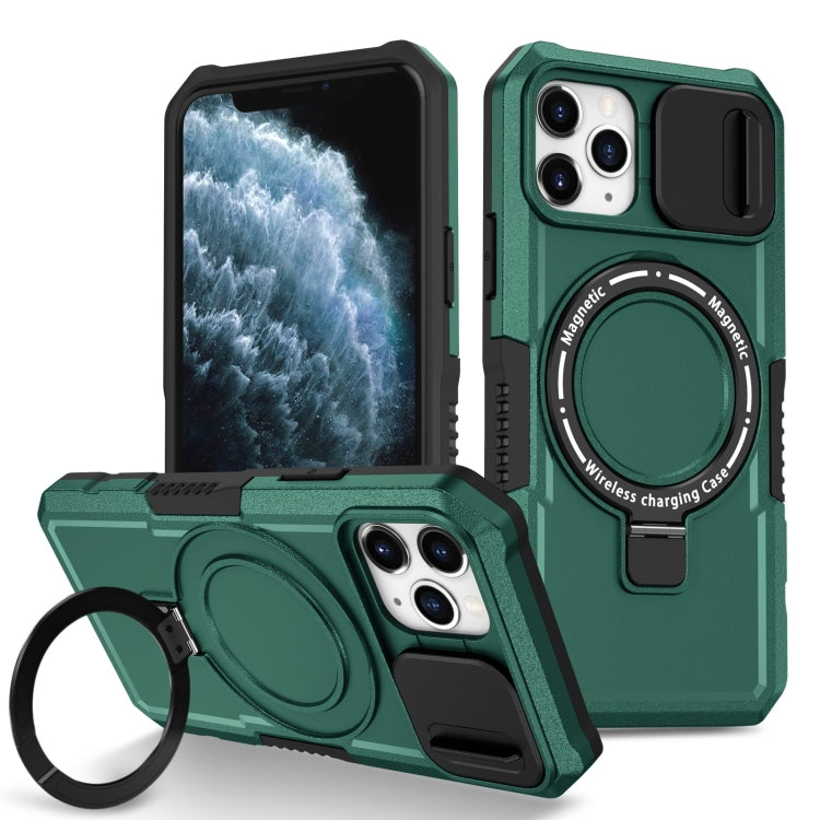 For iPhone 11 Pro Sliding Camshield MagSafe Holder TPU Hybrid PC Phone Case(Deep Green) by buy2fix