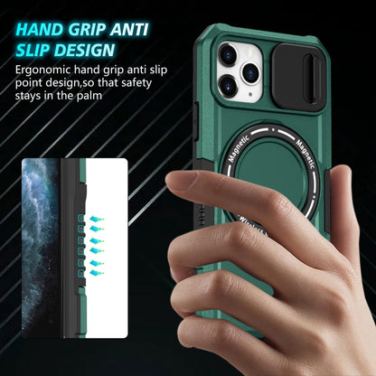 For iPhone 11 Pro Sliding Camshield MagSafe Holder TPU Hybrid PC Phone Case(Deep Green) by buy2fix