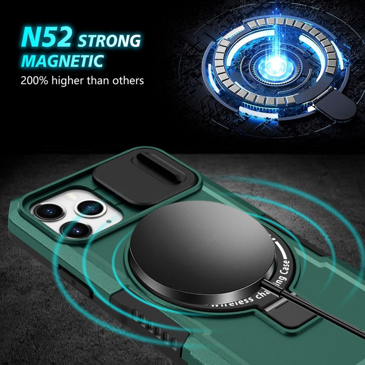 For iPhone 11 Pro Sliding Camshield MagSafe Holder TPU Hybrid PC Phone Case(Deep Green) by buy2fix