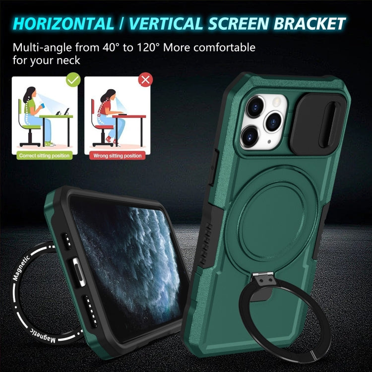 For iPhone 11 Pro Sliding Camshield MagSafe Holder TPU Hybrid PC Phone Case(Deep Green) by buy2fix