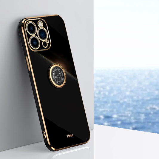 For iPhone 15 Pro XINLI Straight Edge 6D Electroplate TPU Phone Case with Ring Holder(Black) - iPhone 15 Pro Cases by XINLI | Online Shopping UK | buy2fix