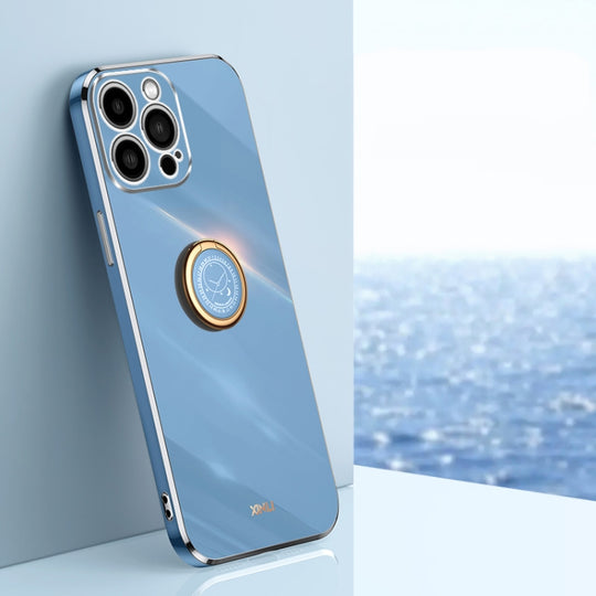 For iPhone 15 Pro XINLI Straight Edge 6D Electroplate TPU Phone Case with Ring Holder(Celestial Blue)