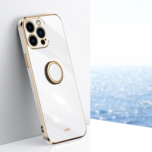 For iPhone 15 Pro XINLI Straight Edge 6D Electroplate TPU Phone Case with Ring Holder(White) - iPhone 15 Pro Cases by XINLI | Online Shopping UK | buy2fix