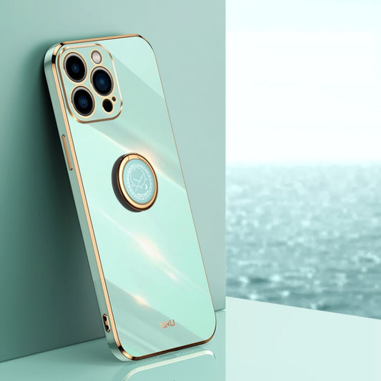 For iPhone 15 Pro XINLI Straight Edge 6D Electroplate TPU Phone Case with Ring Holder(Mint Green) - iPhone 15 Pro Cases by XINLI | Online Shopping UK | buy2fix