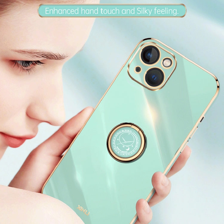 For iPhone 15 Plus XINLI Straight Edge 6D Electroplate TPU Phone Case with Ring Holder(Cherry Purple) - iPhone 15 Plus Cases by XINLI | Online Shopping UK | buy2fix