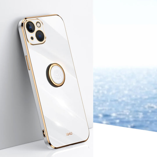 For iPhone 15 Plus XINLI Straight Edge 6D Electroplate TPU Phone Case with Ring Holder(White)