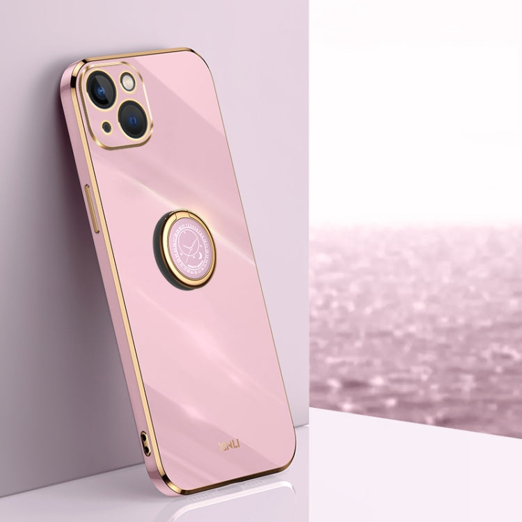For iPhone 15 XINLI Straight Edge 6D Electroplate TPU Phone Case with Ring Holder(Cherry Purple) - iPhone 15 Cases by XINLI | Online Shopping UK | buy2fix