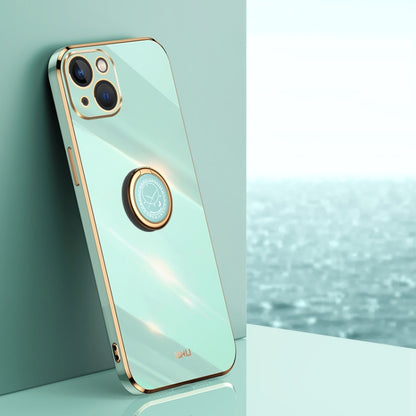For iPhone 15 XINLI Straight Edge 6D Electroplate TPU Phone Case with Ring Holder(Mint Green) - iPhone 15 Cases by XINLI | Online Shopping UK | buy2fix