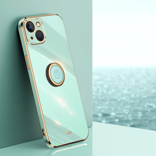 For iPhone 15 XINLI Straight Edge 6D Electroplate TPU Phone Case with Ring Holder(Mint Green) - iPhone 15 Cases by XINLI | Online Shopping UK | buy2fix