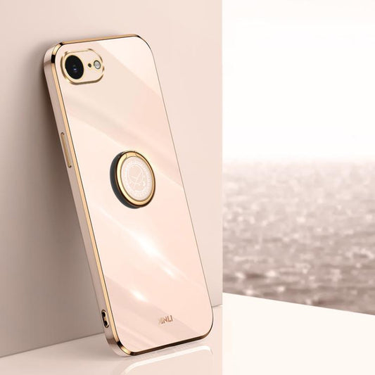 For iPhone 16e XINLI Straight Edge 6D Electroplate TPU Phone Case with Ring Holder(Pink) - iPhone 16e Cases by XINLI | Online Shopping UK | buy2fix