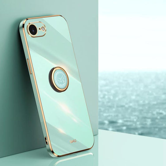 For iPhone 16e XINLI Straight Edge 6D Electroplate TPU Phone Case with Ring Holder(Mint Green) - iPhone 16e Cases by XINLI | Online Shopping UK | buy2fix