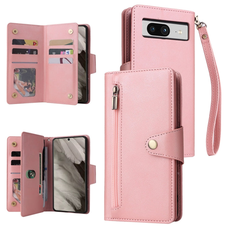 For Google Pixel 8 Rivet Buckle 9 Cards Three Fold Leather Phone Case(Rose Gold) by buy2fix