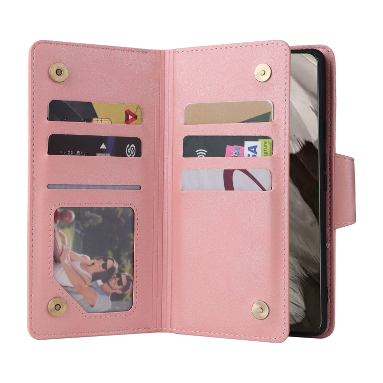 For Google Pixel 8 Rivet Buckle 9 Cards Three Fold Leather Phone Case(Rose Gold) by buy2fix