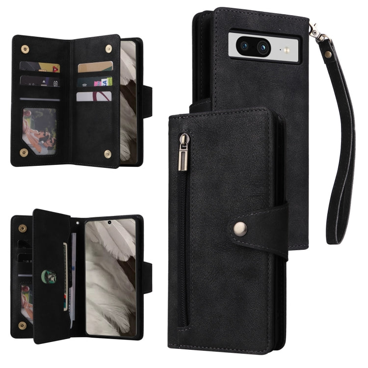 For Google Pixel 8 Rivet Buckle 9 Cards Three Fold Leather Phone Case(Black) by buy2fix