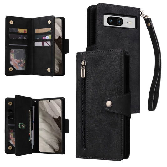 For Google Pixel 8 Rivet Buckle 9 Cards Three Fold Leather Phone Case(Black) by buy2fix