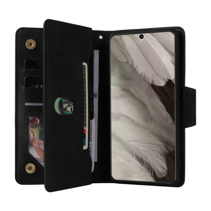 For Google Pixel 8 Rivet Buckle 9 Cards Three Fold Leather Phone Case(Black) by buy2fix