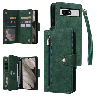 For Google Pixel 8 Rivet Buckle 9 Cards Three Fold Leather Phone Case(Green) by buy2fix