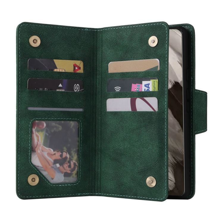 For Google Pixel 8 Rivet Buckle 9 Cards Three Fold Leather Phone Case(Green) by buy2fix