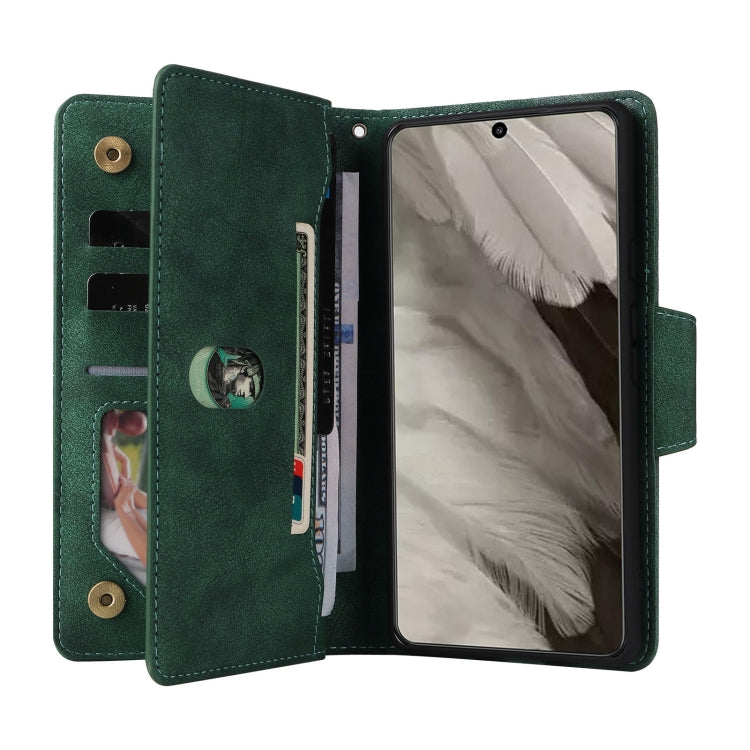 For Google Pixel 8 Rivet Buckle 9 Cards Three Fold Leather Phone Case(Green) by buy2fix