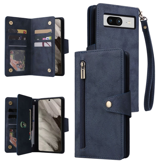 For Google Pixel 8 Rivet Buckle 9 Cards Three Fold Leather Phone Case(Blue) by buy2fix