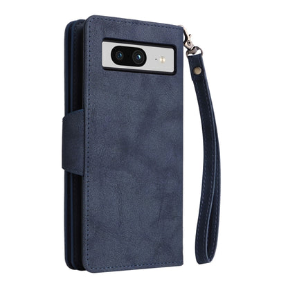 For Google Pixel 8 Rivet Buckle 9 Cards Three Fold Leather Phone Case(Blue) by buy2fix