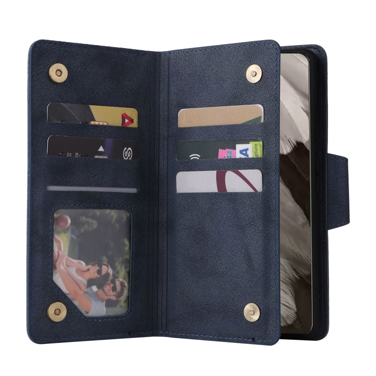 For Google Pixel 8 Rivet Buckle 9 Cards Three Fold Leather Phone Case(Blue) by buy2fix