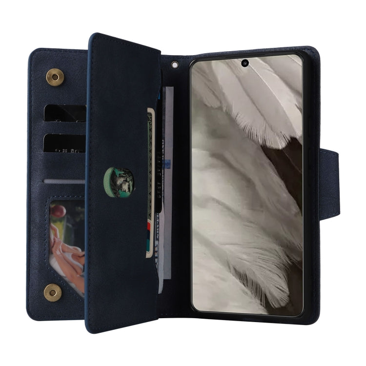 For Google Pixel 8 Rivet Buckle 9 Cards Three Fold Leather Phone Case(Blue) by buy2fix