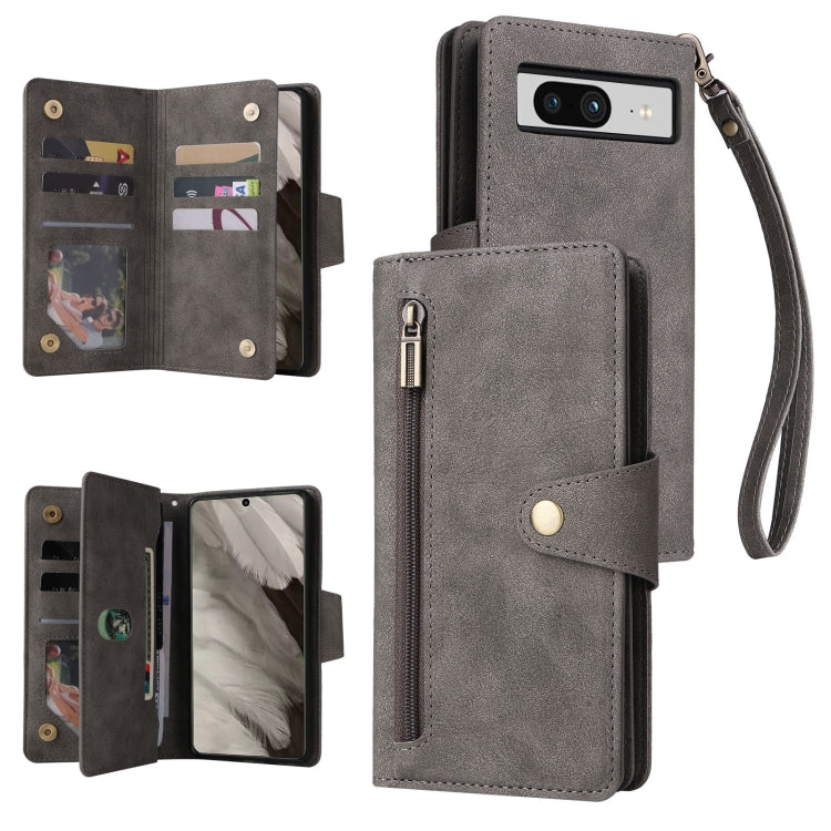 For Google Pixel 8 Rivet Buckle 9 Cards Three Fold Leather Phone Case(Grey) by buy2fix