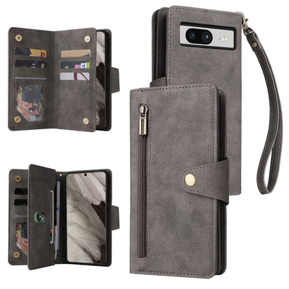 For Google Pixel 8 Rivet Buckle 9 Cards Three Fold Leather Phone Case(Grey) by buy2fix