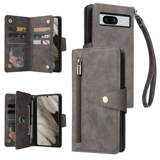 For Google Pixel 8 Rivet Buckle 9 Cards Three Fold Leather Phone Case(Grey) by buy2fix