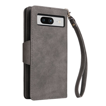 For Google Pixel 8 Rivet Buckle 9 Cards Three Fold Leather Phone Case(Grey) by buy2fix