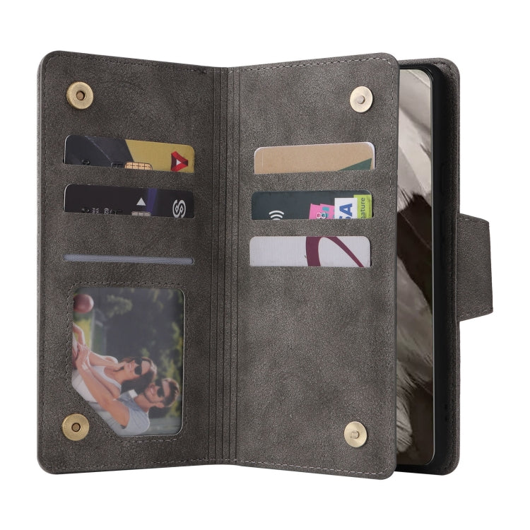 For Google Pixel 8 Rivet Buckle 9 Cards Three Fold Leather Phone Case(Grey) by buy2fix