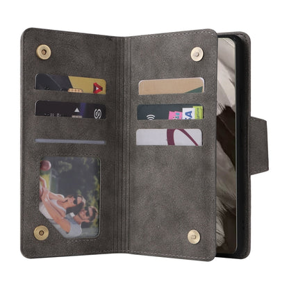 For Google Pixel 8 Rivet Buckle 9 Cards Three Fold Leather Phone Case(Grey) by buy2fix