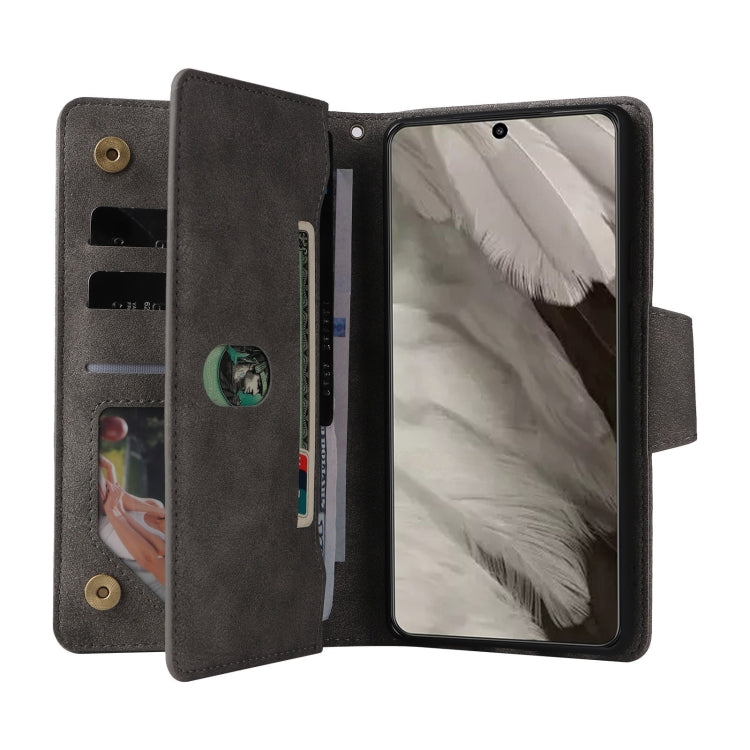 For Google Pixel 8 Rivet Buckle 9 Cards Three Fold Leather Phone Case(Grey) by buy2fix