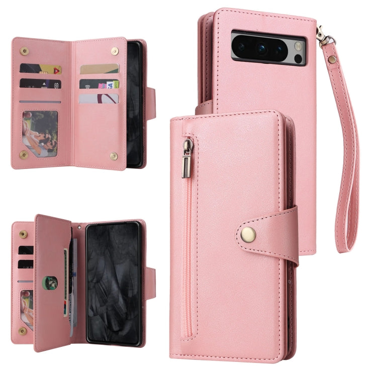 For Google Pixel 8 Pro Rivet Buckle 9 Cards Three Fold Leather Phone Case(Rose Gold) by buy2fix