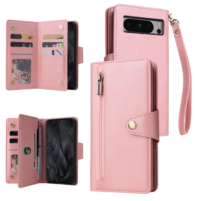 For Google Pixel 8 Pro Rivet Buckle 9 Cards Three Fold Leather Phone Case(Rose Gold) by buy2fix