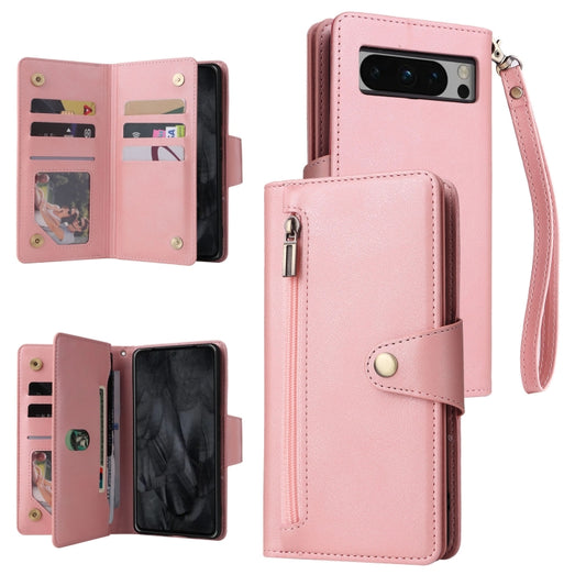 For Google Pixel 8 Pro Rivet Buckle 9 Cards Three Fold Leather Phone Case(Rose Gold) by buy2fix