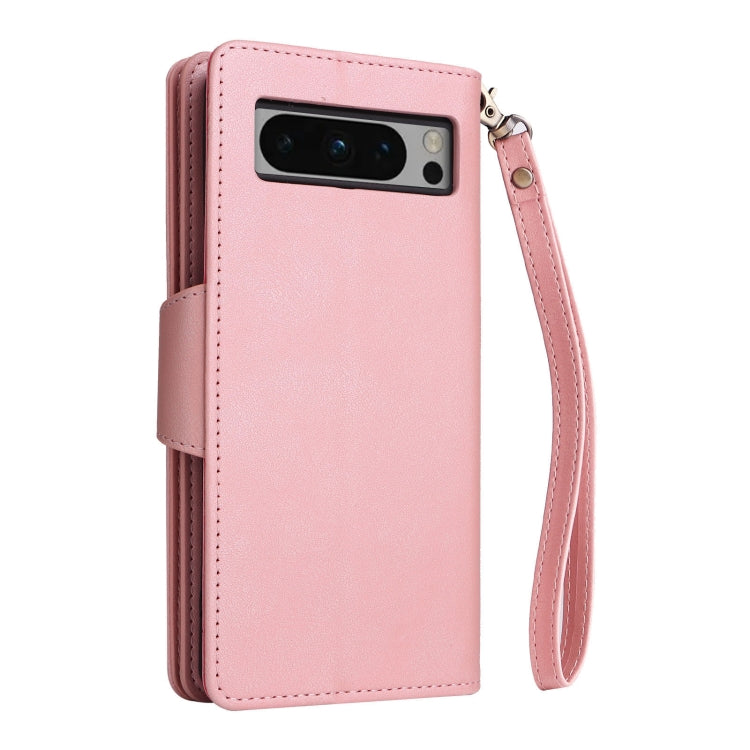 For Google Pixel 8 Pro Rivet Buckle 9 Cards Three Fold Leather Phone Case(Rose Gold) by buy2fix
