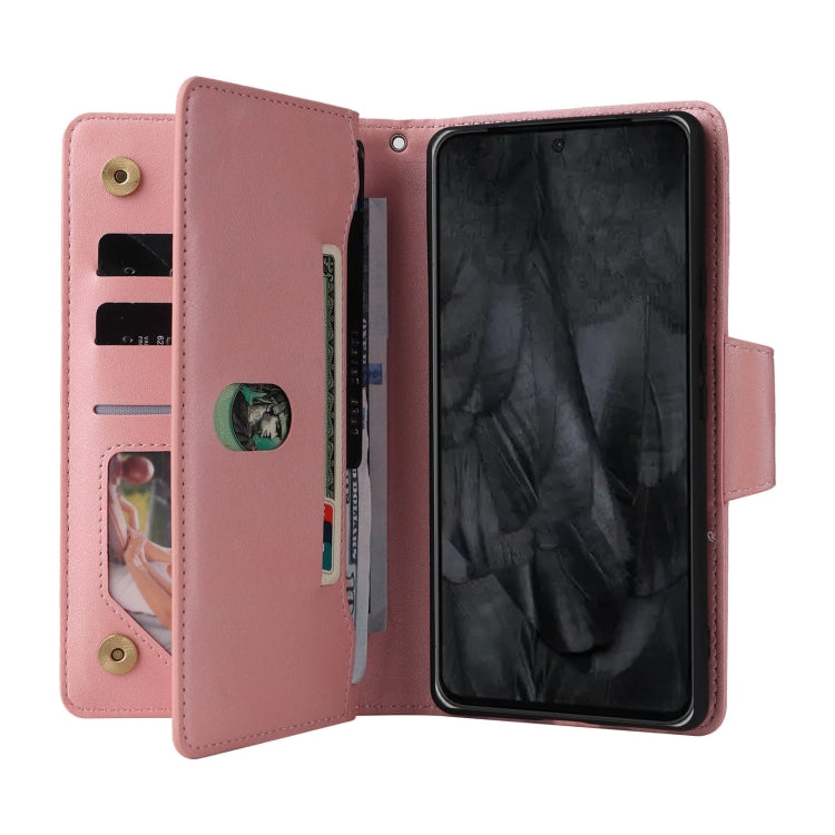 For Google Pixel 8 Pro Rivet Buckle 9 Cards Three Fold Leather Phone Case(Rose Gold) by buy2fix