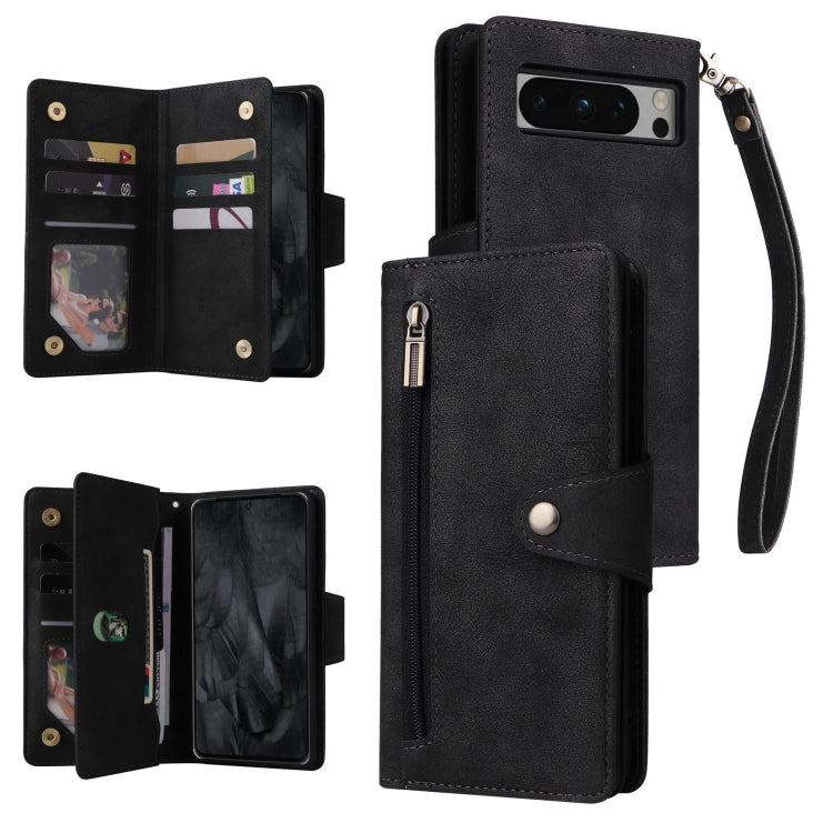 For Google Pixel 8 Pro Rivet Buckle 9 Cards Three Fold Leather Phone Case(Black) by buy2fix