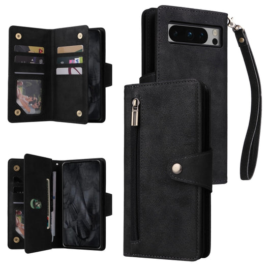 For Google Pixel 8 Pro Rivet Buckle 9 Cards Three Fold Leather Phone Case(Black) by buy2fix