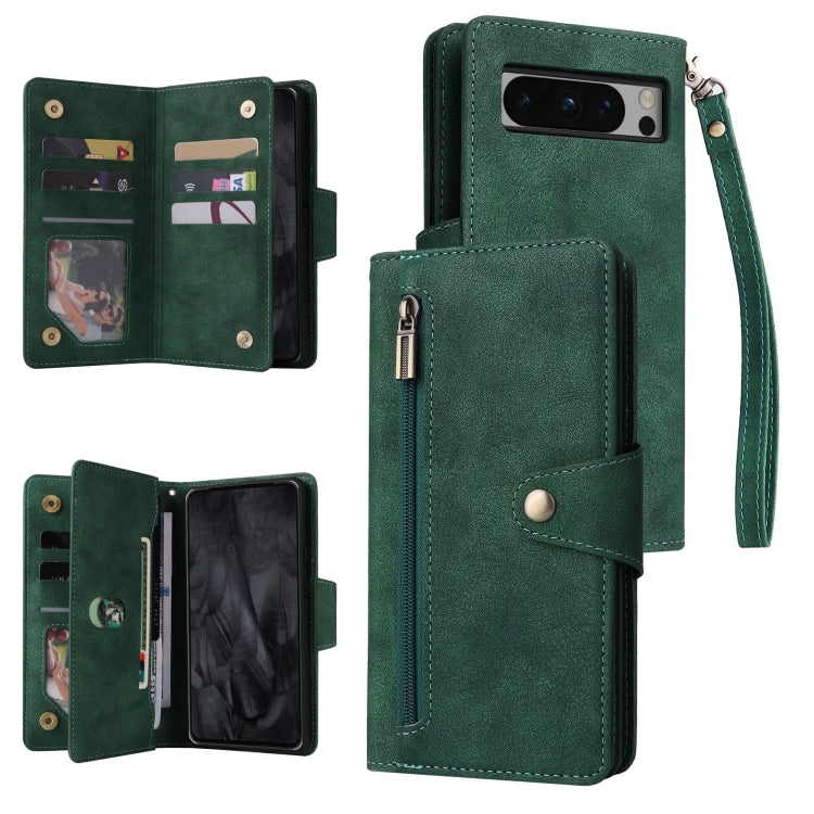 For Google Pixel 8 Pro Rivet Buckle 9 Cards Three Fold Leather Phone Case(Green) by buy2fix