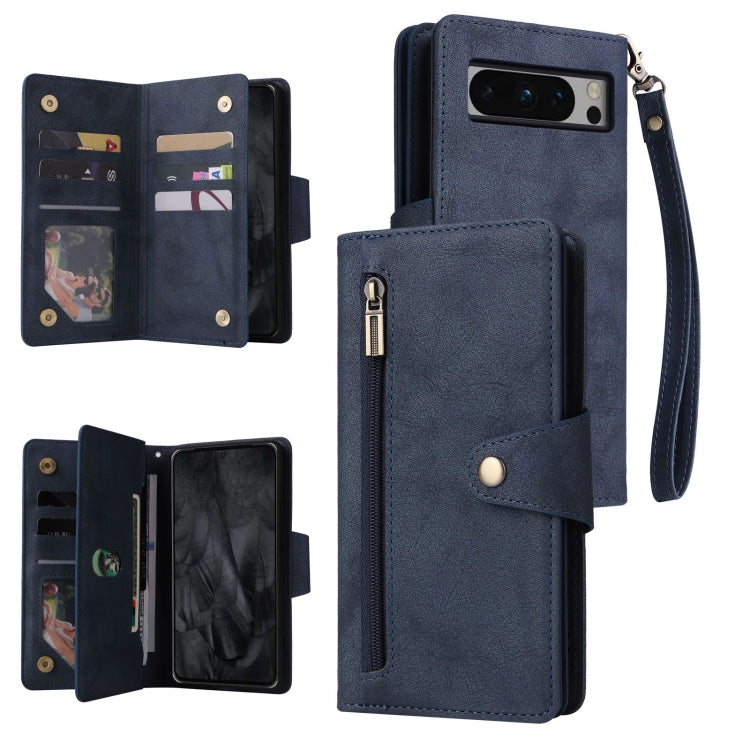 For Google Pixel 8 Pro Rivet Buckle 9 Cards Three Fold Leather Phone Case(Blue) by buy2fix